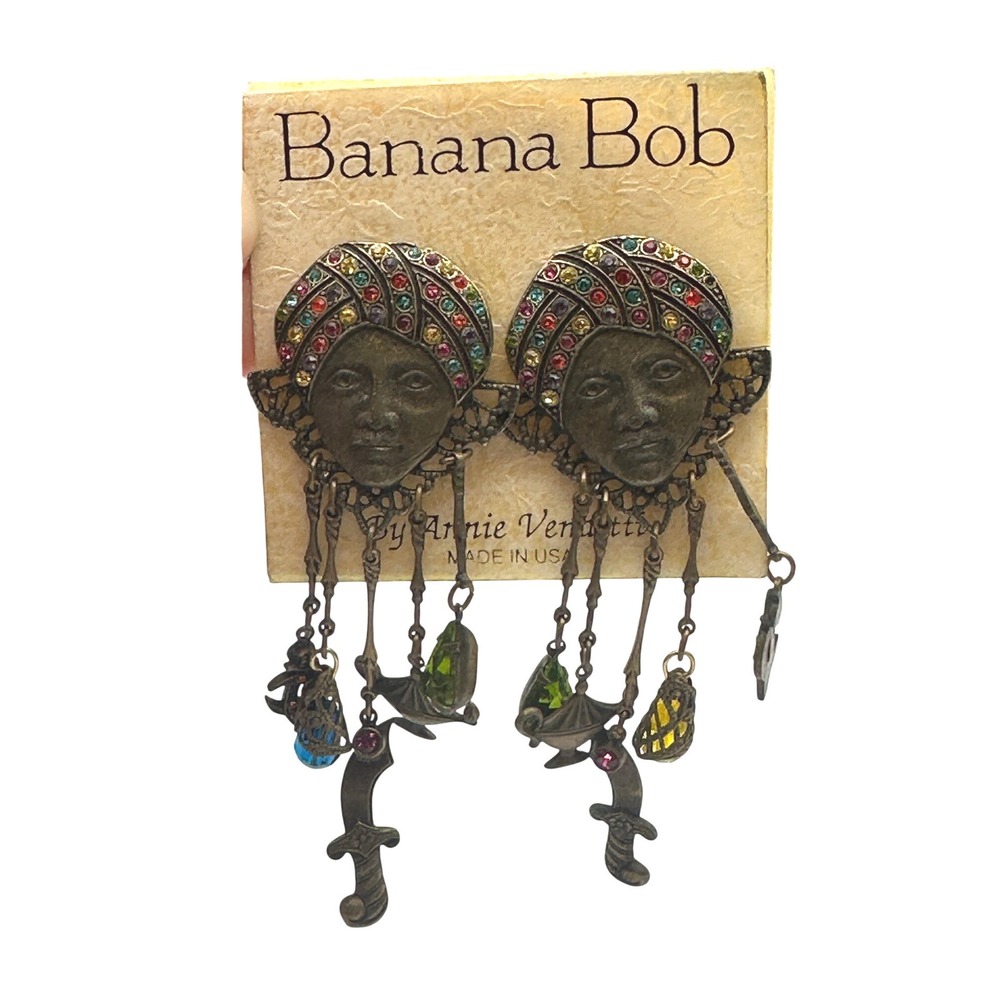 Banana Bob Annie Venditti Vintage Arabian Sultan Face Clip On Earrings Dangle